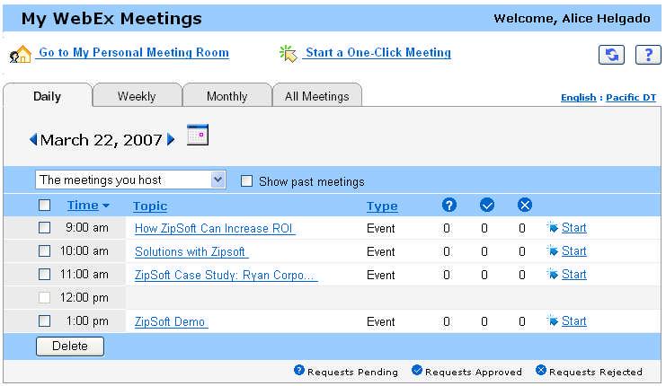 Chapter 26: Using My WebEx 2 Click one of the tabs to navigate to different views of the My Meetings page: You can choose Daily, Weekly, Monthly, or All Meetings. 3 Optional.