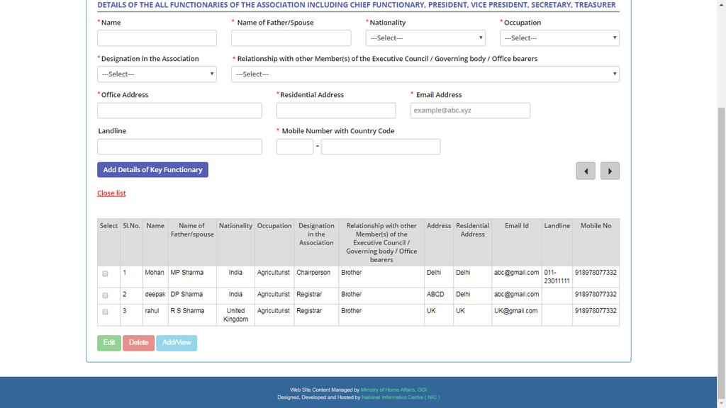 2.1.4 FCRA Registration-Executive Committee After Click on Add button in previous Screen, the following screen will be displayed