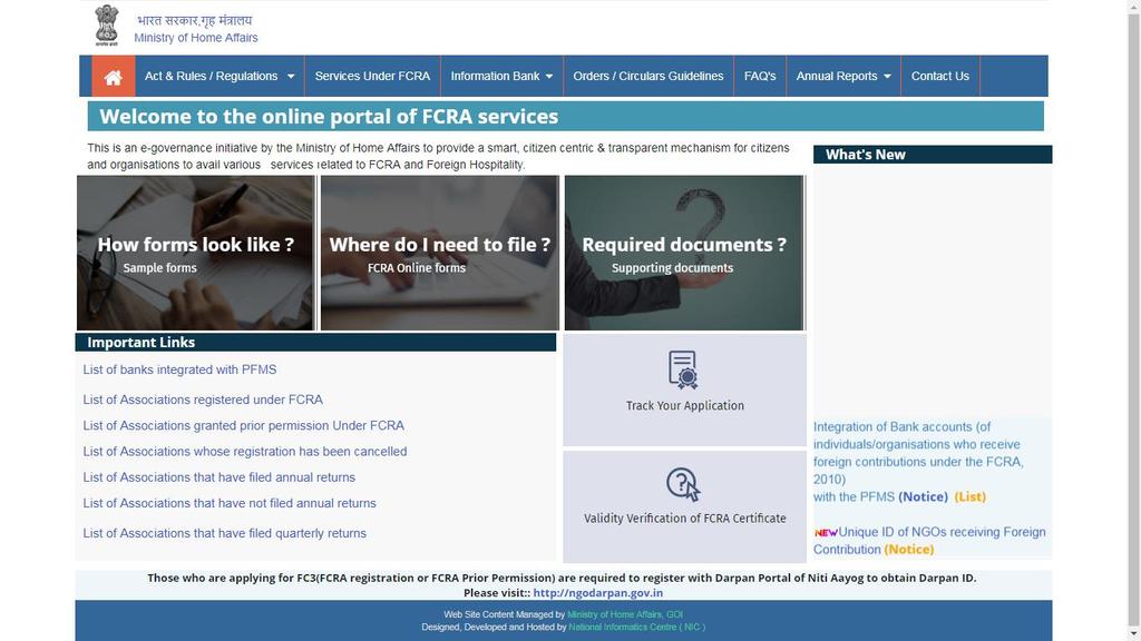1. FCRA Online Portal-Home Page Go to Ministry of home affairs website by typing in address of web