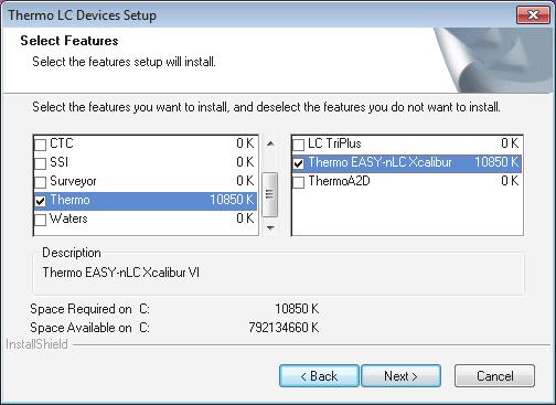 1 Installing the EASY-nLC Control Software Excluding the EASY-nLC from the VirusScan Enterprise Figure 2. Select Features page of the Thermo LC Devices InstallShield Wizard 6.