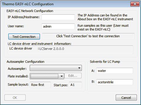 2 Setting Up the Foundation Instrument Configuration Setting Up the EASY-nLC Configuration Figure 4. Thermo EASY-nLC Configuration dialog box 3.