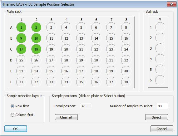 5 Creating and Running Sequences Setting Up the Injection Positions with the Sample Position Selector Note The sample position nomenclature is as follows: For 6 8 vials, the rows are labeled A F and