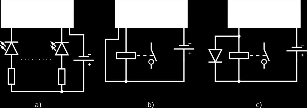 2.3. Open drain outputs Recommended connection of LED (a) and relays (b,c) to open drain outputs is shown on fig. 3. O+ is terminal to connect + potential when switching inductive load.