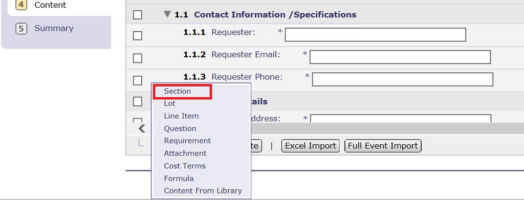 Adding Additional Sections Project Owners have the option to add additional sections to the standard equote template. 1. To create a new section, click the Add button and then select Section 2.