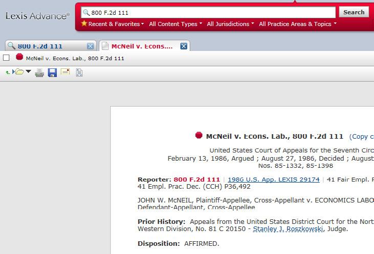 Citation entry Two results tabs. The case name tab displayed automatically to show the full-text document.
