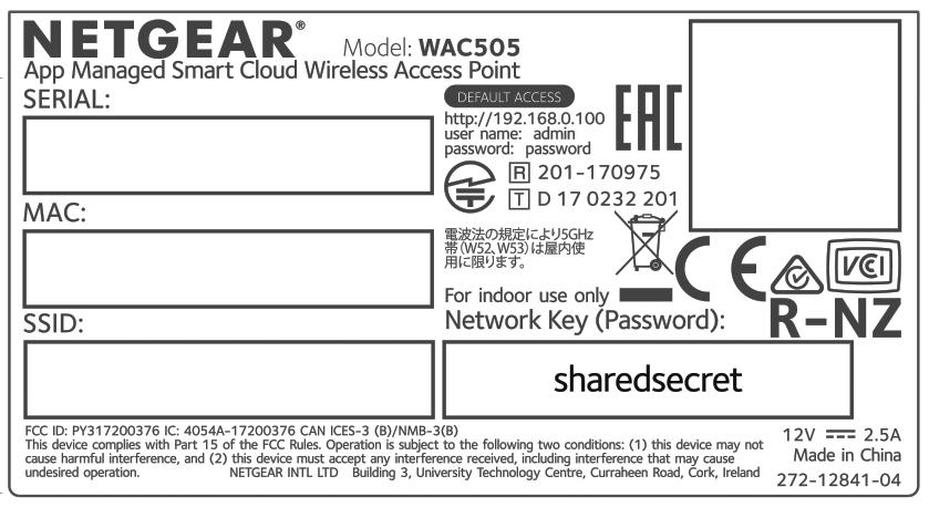 Product Label The product label on the bottom panel of the access point shows the serial number, MAC address, default WiFi network name (SSID),