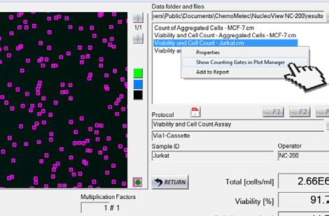 Cells will be framed by a pink square. (PREFERRED) OPTION (ADVANCED) Right-click on the sample file name in the Data folders and files window and select Show counting gates in Plot Manager.