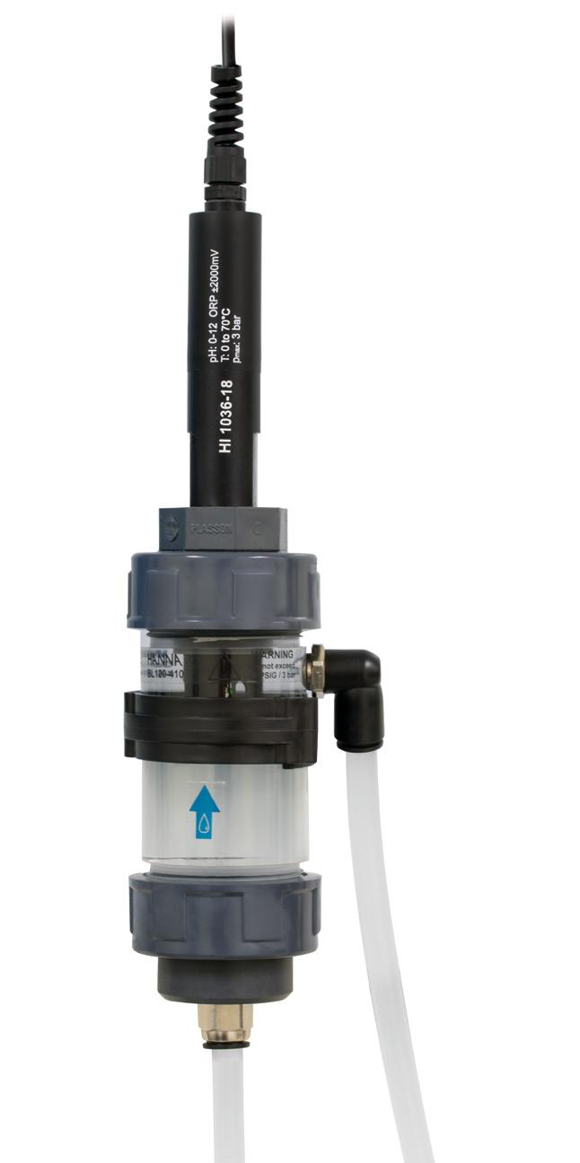 A panel mounted version with a bypass flow cell is also available. The bypass flow cell allows for calibration and maintenance of the probe without having to shut down the recirculation pump.