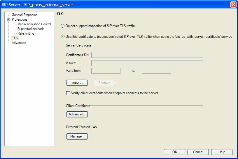 a. In SmartDashboard, open the SIP Server object of the SIP proxy, and select the TLS page. b. Select Use this certificate to inspect encrypted SIP over TLS traffic... c. In the Server Certificate section, click Import.
