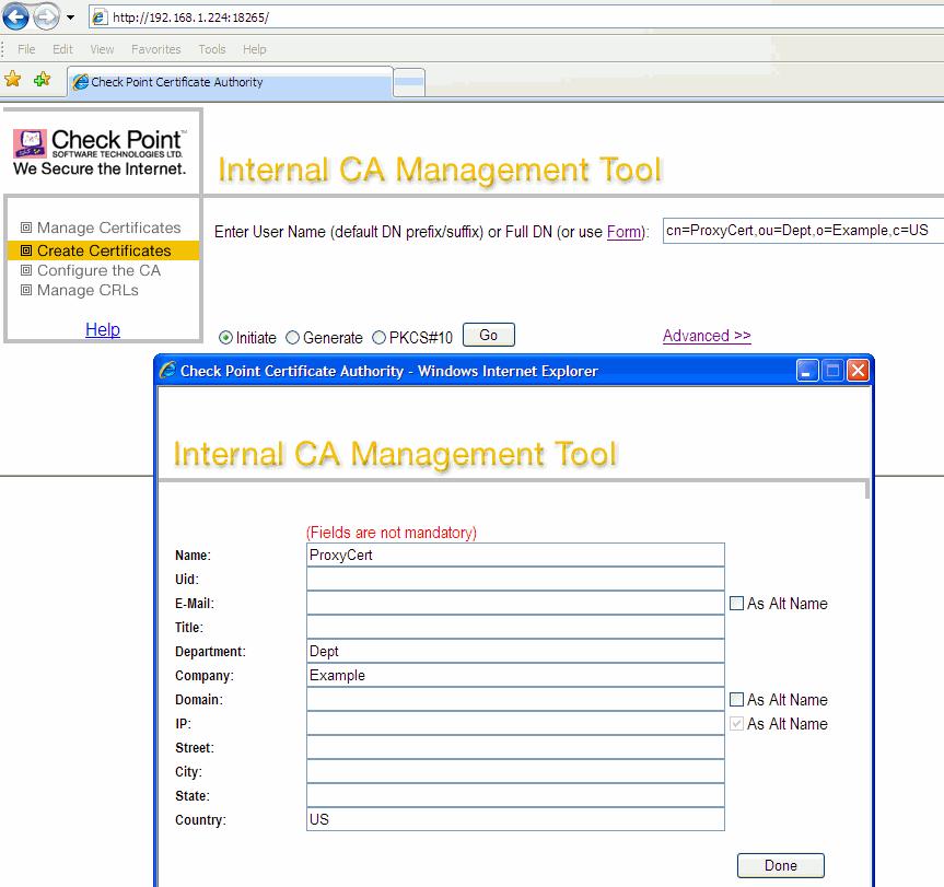 Figure 14-4 The Create Certificates page of the Internal CA Management Tool 5. In the Name field, type the name of the proxy s server certificate. Be exact.