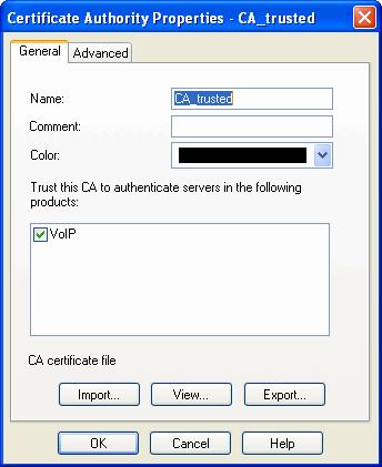 The Certificate Authority Properties window opens. 3. In the General tab, click VoIP.