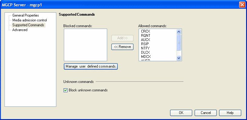 Figure 15-2 Supported Commands Page of the MGCP Server Object Fax 6.