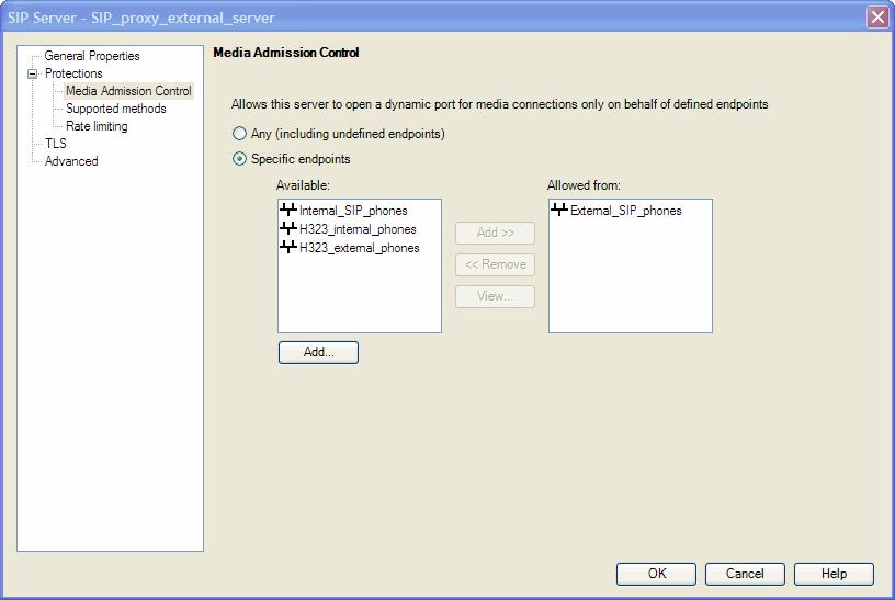 Figure 4-4 Media Admission Control Page of the VoIP Server Any (including undefined endpoints) allows the server to open dynamic ports on behalf of any endpoint.
