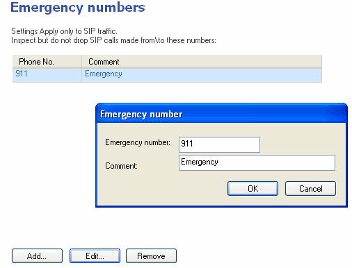 Configuring Emergency Numbers The Check Point gateway always allows SIP calls to and from numbers that are defined as emergency numbers. To configure an emergency number: 1.