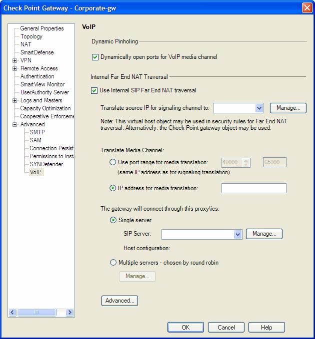 Figure 6-6 The Advanced > VoIP page of the Check Point Gateway 3. Configure Dynamic Pinholing.