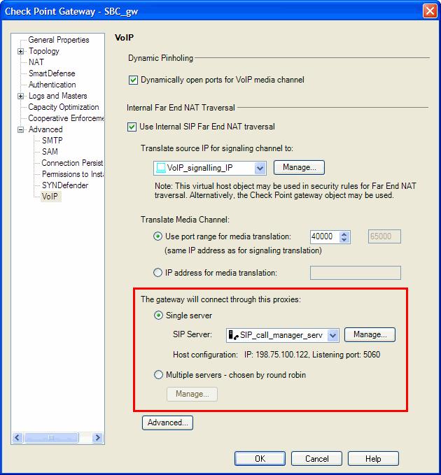 Figure 6-7 SIP Proxy Configuration in the VoIP Page of the Check Point Gateway Object 2. Select one of the options: Single server to select an existing SIP Server.