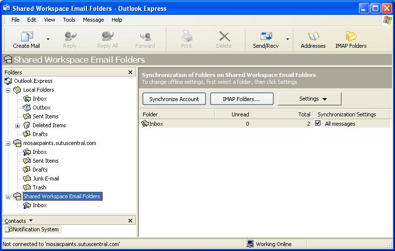 8 In Outlook Express, select your Shared Workspace Email Folders.