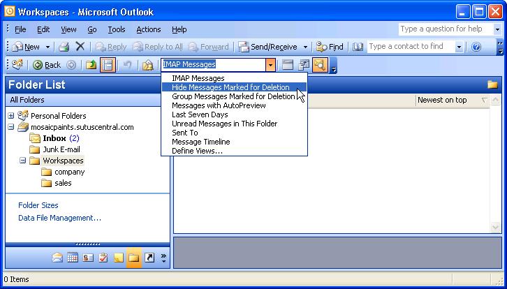 Figure 73 Hide Messages Marked for Deletion IMAP Option in Outlook Tip: If you cannot see this drop-down list on your Outlook toolbar, right-click on a blank area of the toolbar and turn on the