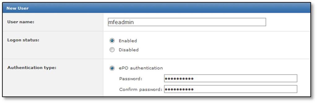 10. Create a new user with that permission set. In the epo Console select Menu User Management Users. 11. Click New User at the bottom left. Give the user a name and assign a password.