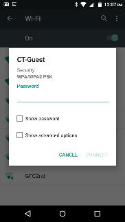 The network connection screen displays the password field and also displays advanced connection options