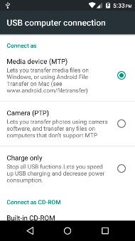 USB connection options: Media Device (MTP): Transfer media files Camera (PTP): Transfer photos using camera software Charging: Charge the device only Troubleshooting