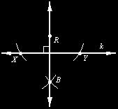 Construction 3 Given point R, not on line k, construct a line through R, perpendicular to k. 1. Begin with point line k and point R, not on the line. 2. Place the compass on point R.