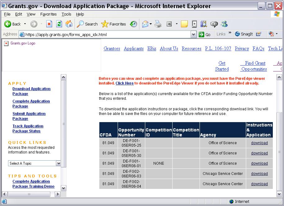 This will take you to the Selected Grant Applications for Download screen.
