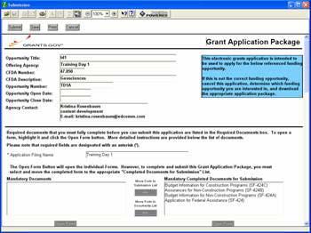 Sample Application Package Completing Application Packages Verify that the pre-entered information is for the grant opportunity for which you want to apply.
