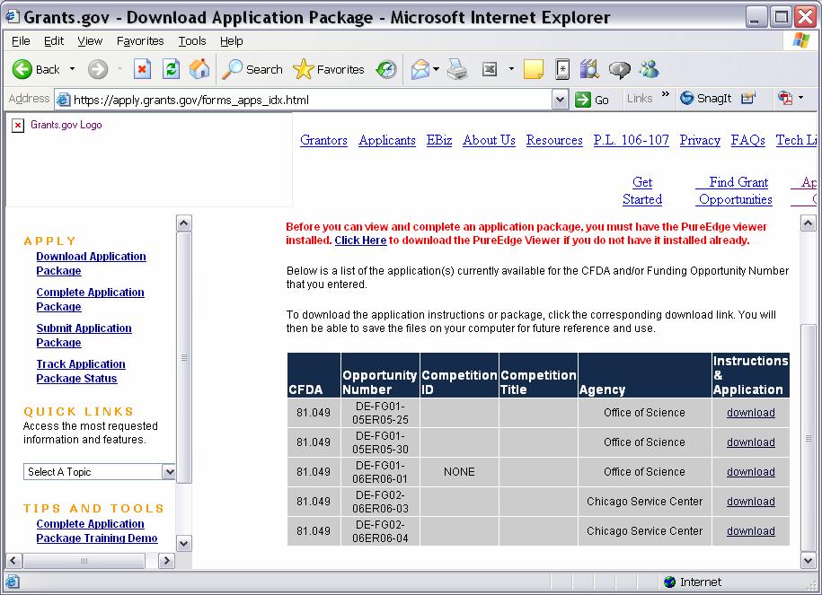 gov Programs List found by clicking the button Get Started at the top of any Grants screen and going to Step 2 Download an Application Package.