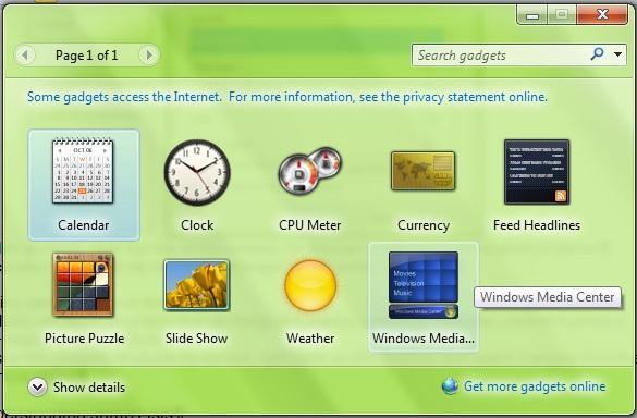 The Gadgets window lists the default gadgets available for you to display on your desktop.