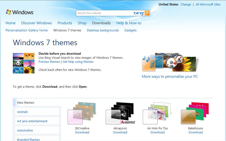 On the Windows 7 themes webpage, you can choose from different categories by clicking on the tabs on the left side of the screen. Once you find a theme you like, click on the Download button.