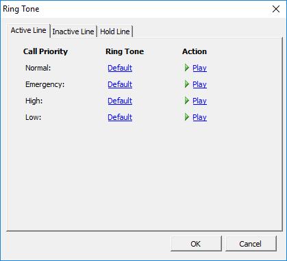 Telephony Configuration On the Active Line (Inactive Line) tab: Click a corresponding link in the Ring Tone column, and from the pull-down menu, select either Set Default, Set Custom, or Disable.