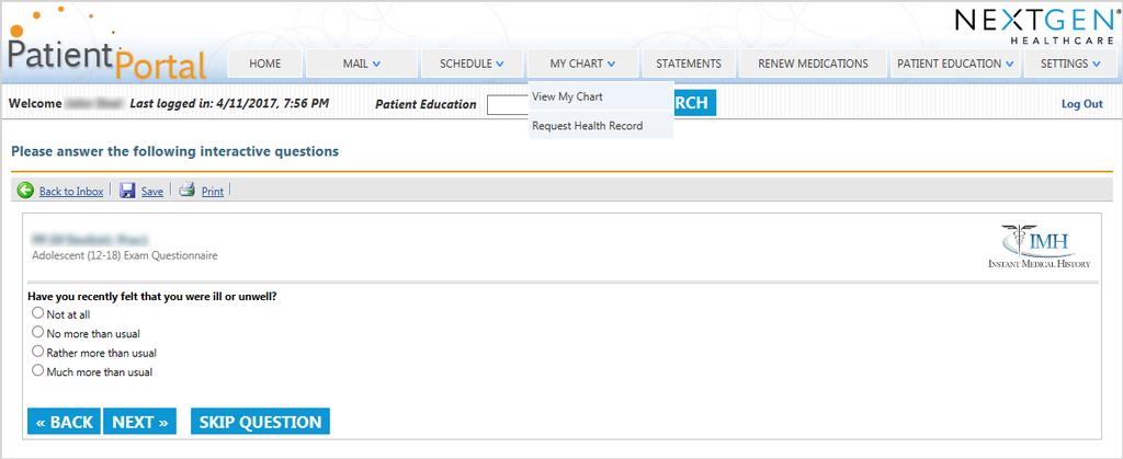 1 On the NextGen Patient Portal home page, click Mail, and then click Inbox.