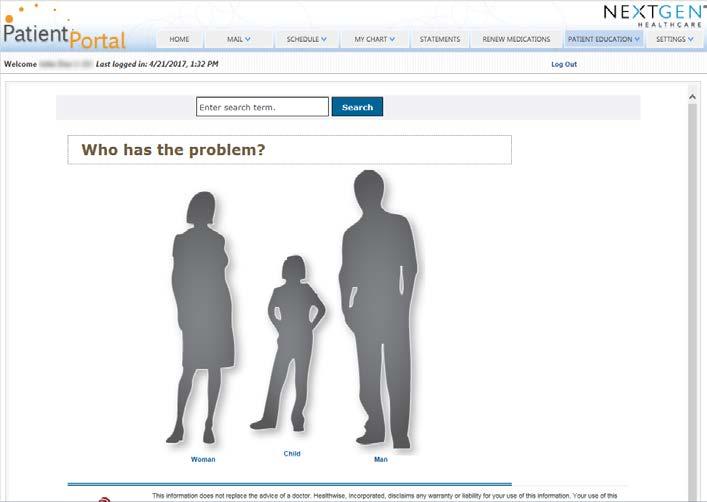 1 On the NextGen Patient Portal home page, click Patient Education, and then select Symptom Checker.