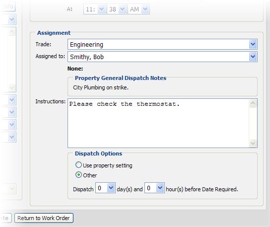 5. In the Assignment section, click the Trade field and select the trade from the drop-down list. 6. If necessary, click the Assigned To field and select the Employee from the drop-down list.