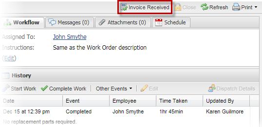 If the invoice has not been received by the time that the work was completed, you can indicate this by clicking the Pending Invoice button near the top-right corner of the work order.