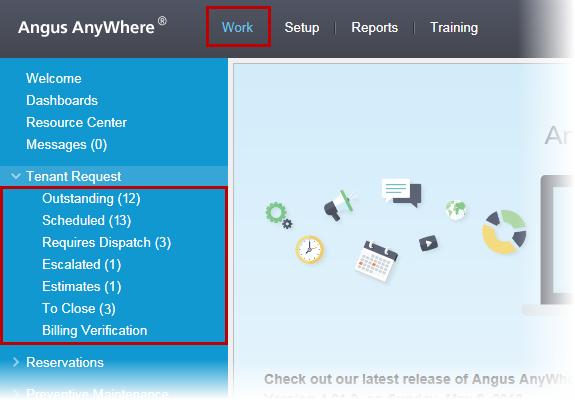 Tenant Request Lists The Tenant Request (TR) lists can be accessed in Angus AnyWhere by clicking on Work, then clicking on a specific TR list as shown below.