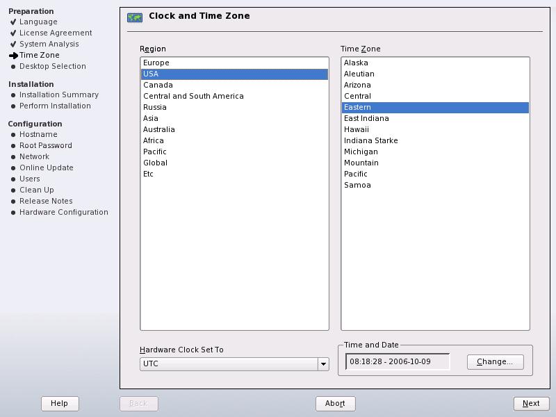 Figure 1.5 Clock and Time Zone 1.9 Desktop Selection In opensuse, you can choose from various desktops. KDE and GNOME are powerful graphical desktop environments similar to Windows*.