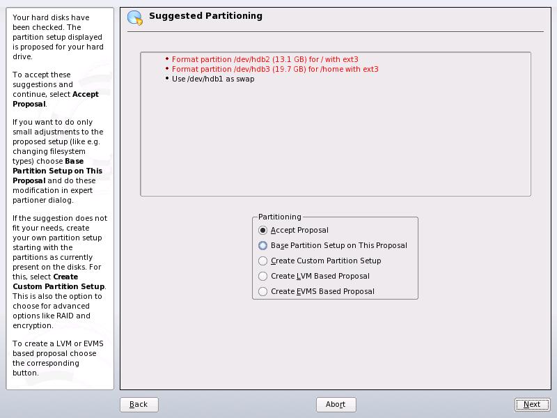 Figure 1.8 Partitioning YaST normally proposes a reasonable partitioning scheme with sufficient disk space.