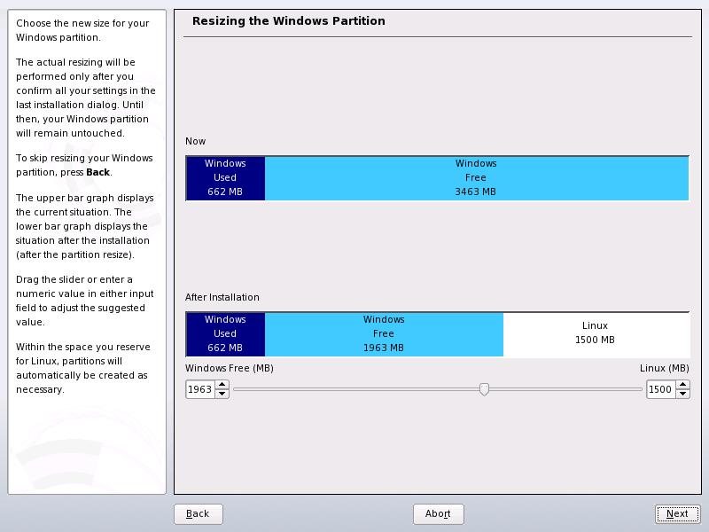 To shrink the Windows partition, interrupt the installation and boot Windows to prepare the partition from there.