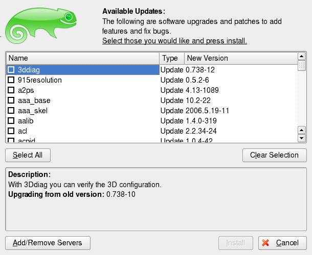 3.5.1 Installing Updates Whenever the opensuse Updater shows the availability of updates, left-click on the icon to open the Available Updates window. It lists the patches available.