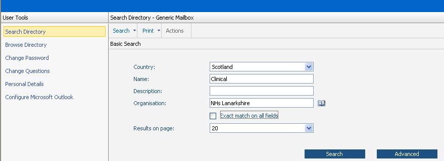 SEARCHING FOR ANOTHER CLINICAL MAILBOX Click on the Tools icon on the blue bar at the top of your screen Click on the Search button and select Generic Mailbox from the options In the Country