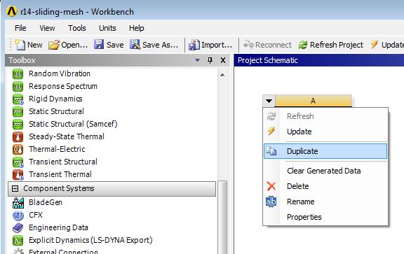 Preparing Workbench On the Workbench Project Page, right click on the arrow at the top of the Fluent model, and select "Duplicate". Name the newly created copy "Sliding Mesh Model".
