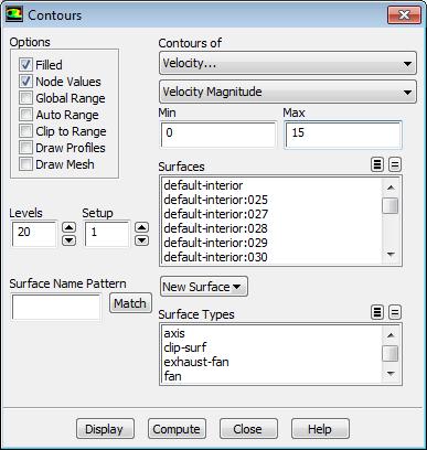 Setting up an Animation [2] On the Contour Panel: Set Contours of Velocity>Velocity Magnitude. Select "Filled". Deselect Global Range, Auto Range and Clip to Range. Enter Min=0, Max=15.