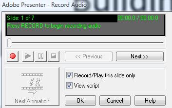 In the Record Audio window, check the box next to View Script. 7. Click the Import Notes button. 8. Click the button next to All Slides, and click OK. 9.
