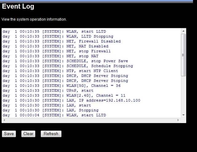 Event Log View operation event log. This page shows the current system log of the Broadband router.