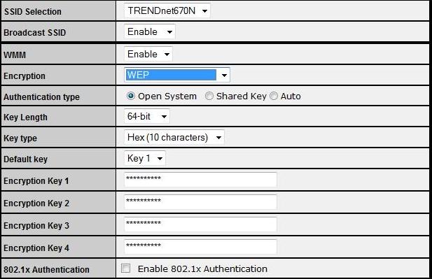 WEP Encryption When you select 64-bit or 128-bit WEP key, you have to enter WEP keys to encrypt data. You can generate the key by yourself and enter it.