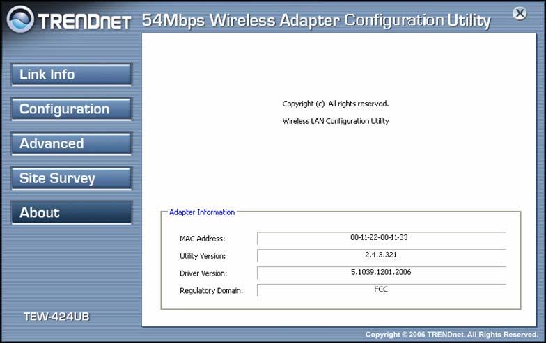 Router. V. About This screen displays information about the Wireless LAN USB 2.