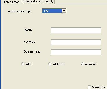 Authentication Type: Select the authentication type of the WAP or other wireless device you wish to connect.