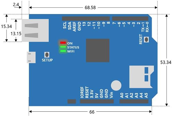 PHPoC WiFi Shield For Arduino > Hardware Specifications Dimension The dimensions of PHPoC WiFi Shield for Arduino are as follows: (Unit: mm) Weight The weight is about 23.